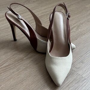 Beige and Brown Slingback Pointed-Toe Heels